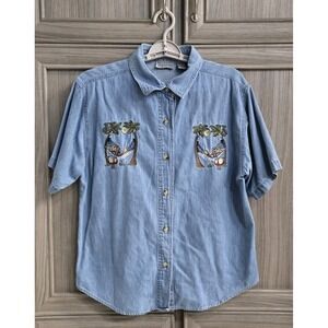 Vtg Allyson Whitmore Womens Denim  Blouse Sz Med Bears Palm Trees Granny Core